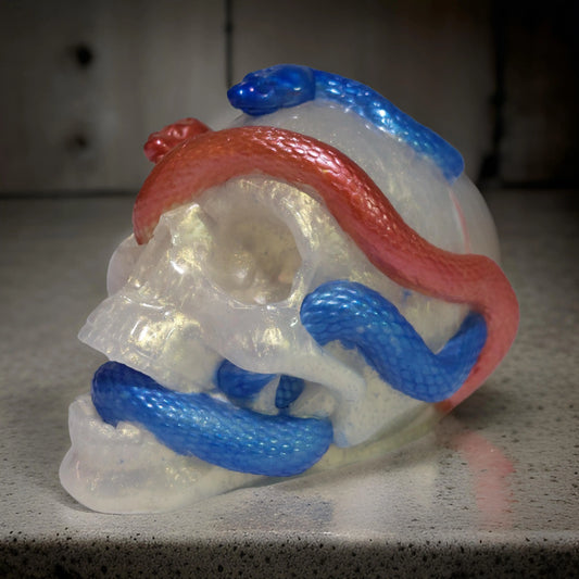 Mirage White w/ Red & Blue Snakes Skull Kaylas Candles and Creations