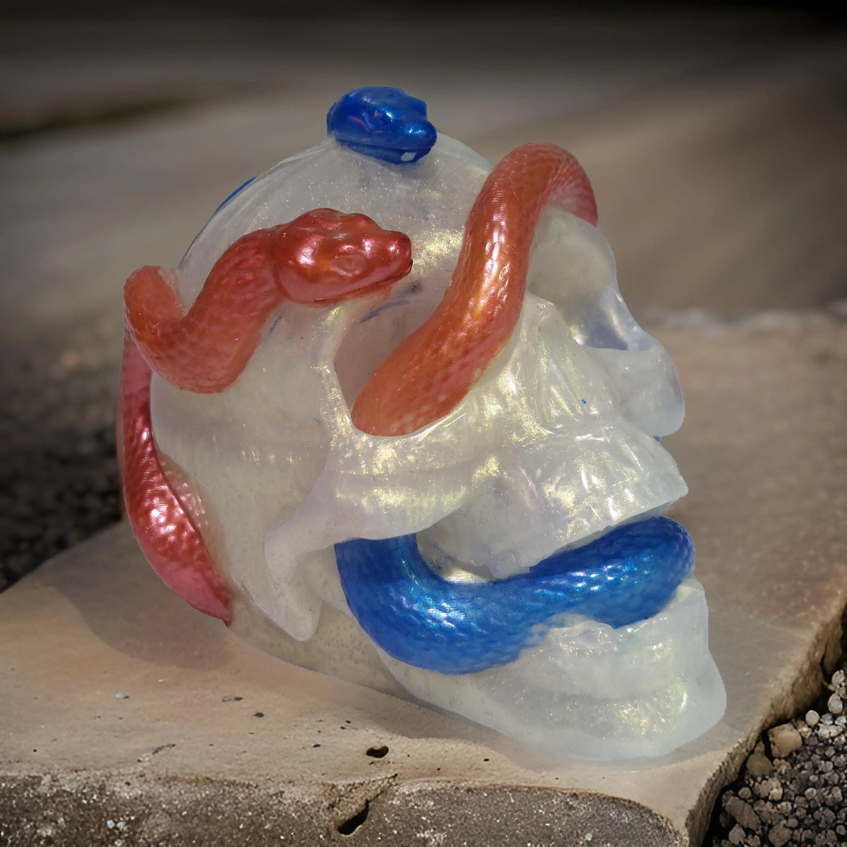 Mirage White w/ Red & Blue Snakes Skull Kaylas Candles and Creations