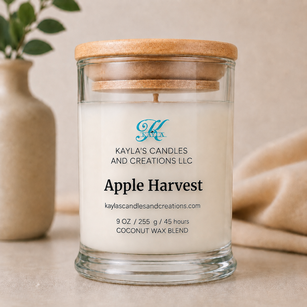 Apple Harvest 9 oz coconut wax blend candle in glass jar with bamboo lid