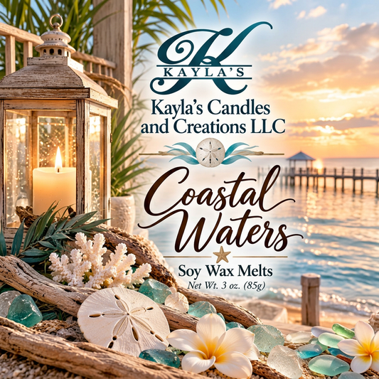 Coastal Waters soy wax melts by Kayla's Candles & Creations in a labeled clamshell package, featuring a fresh, clean ocean-inspired fragrance.