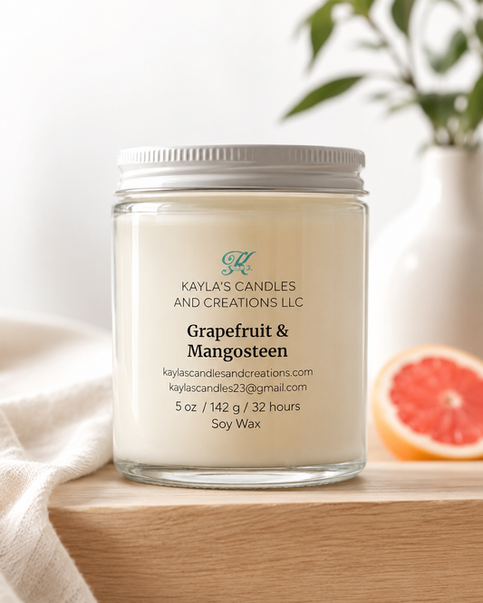 Grapefruit & Mangosteen soy wax candle by Kayla's Candles and Creations, 5 oz jar with silver lid