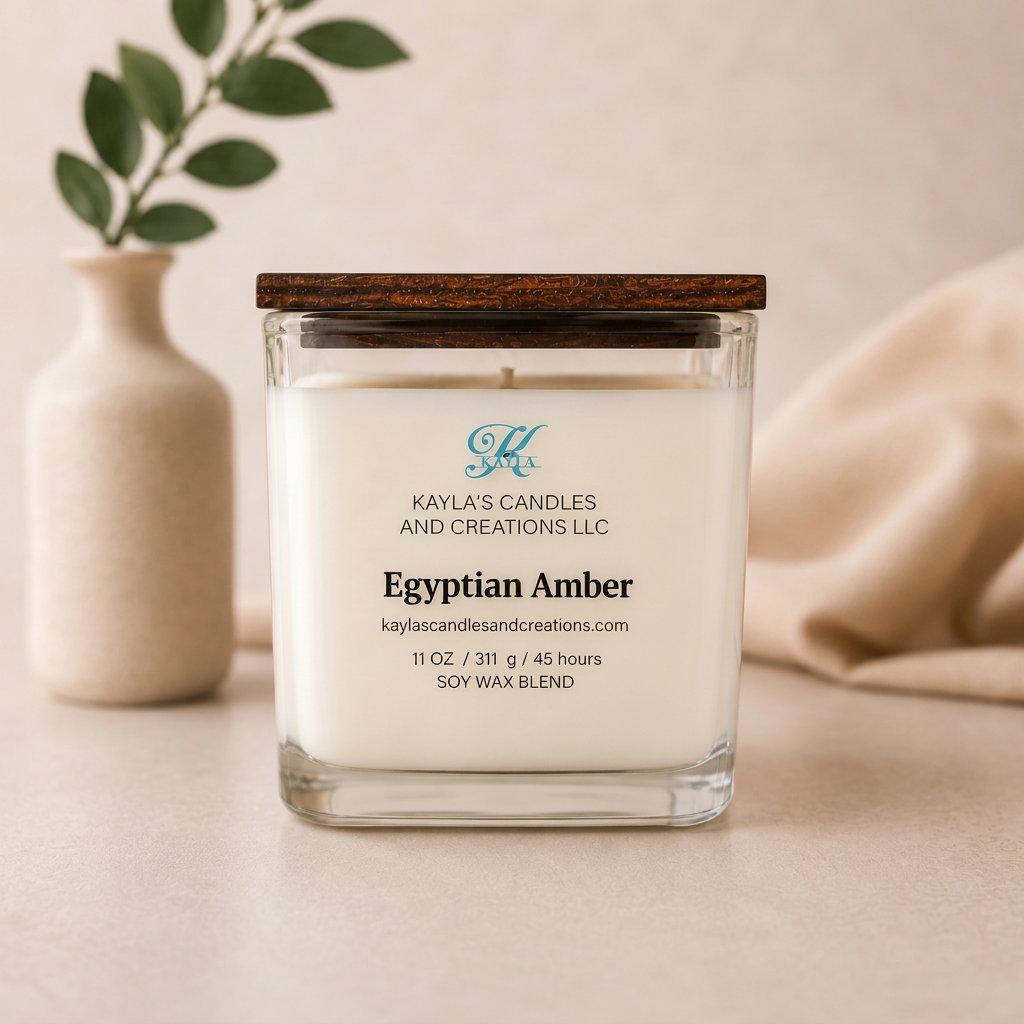 Egyptian Amber soy wax candle by Kayla's Candles & Creations, hand-poured in Florida with a rich, warm amber fragrance and soft musk notes. 