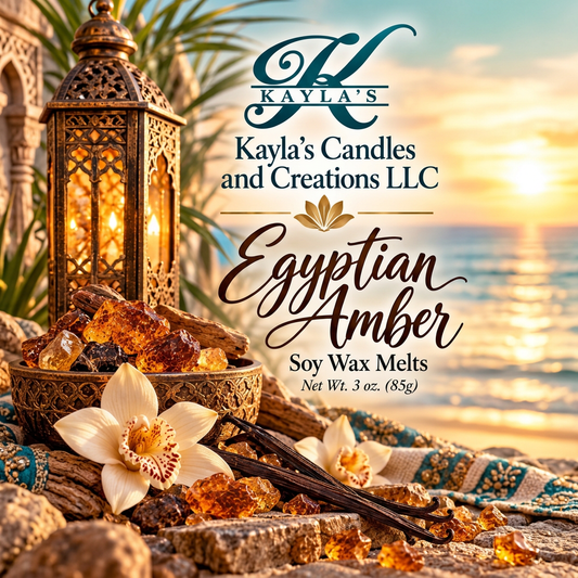 Egyptian Amber Soy Wax Melts by Kayla's Candles & Creations, featuring a rich, warm amber fragrance with soft musk and earthy notes for a cozy home. 