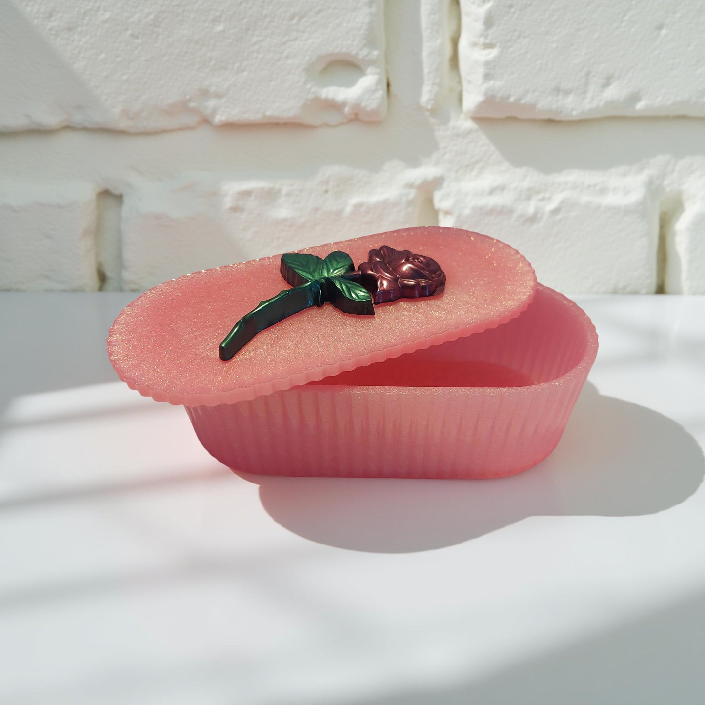Pink Oblong Trinket Box w/ Rose Ornament Lid