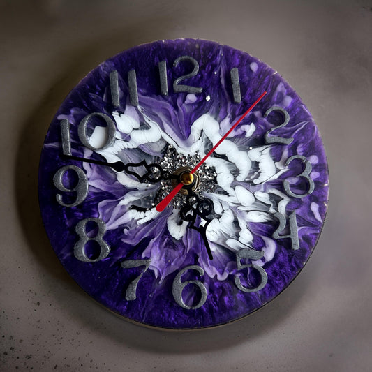6" Purple & White Resin Floral Design Clocks